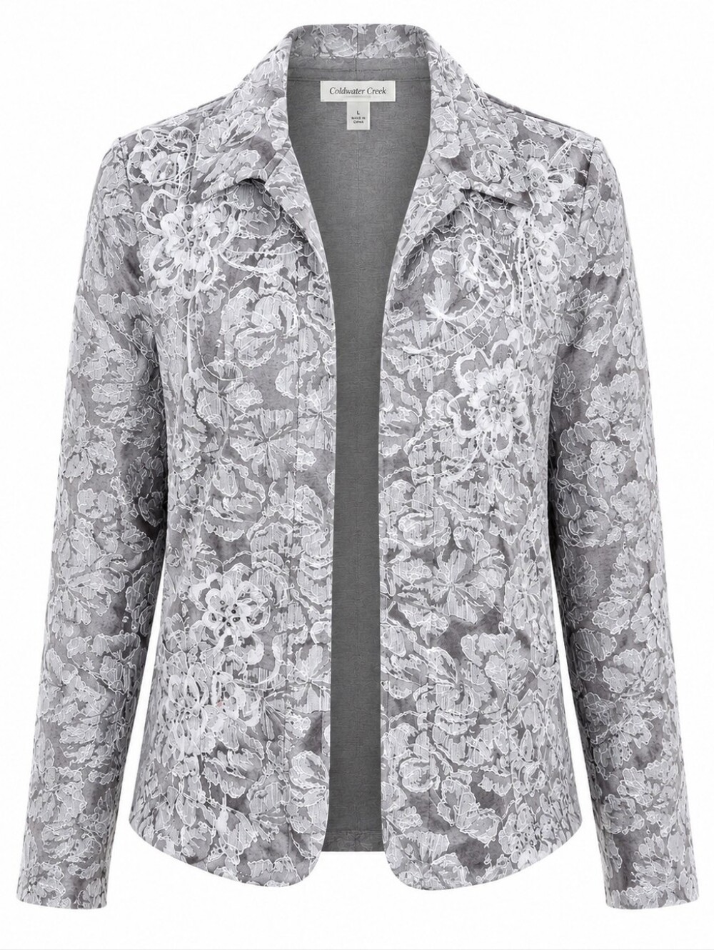 COLDWATER CREEK‎ | Gray Lace Embroidered Lined Jacket Sequins Open Front | L